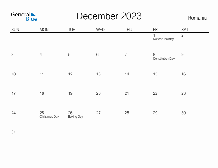 Printable December 2023 Calendar for Romania