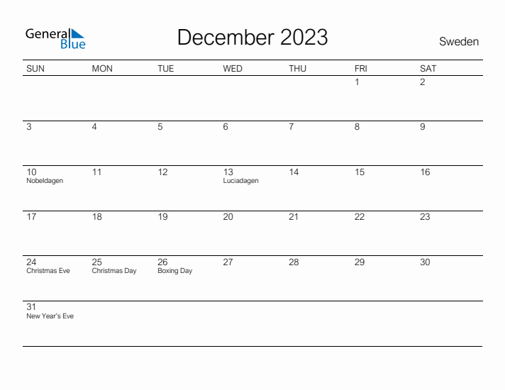 Printable December 2023 Calendar for Sweden