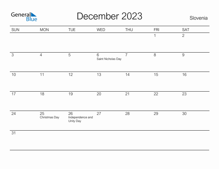 Printable December 2023 Calendar for Slovenia