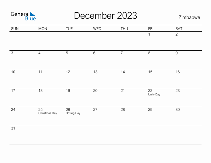 Printable December 2023 Calendar for Zimbabwe