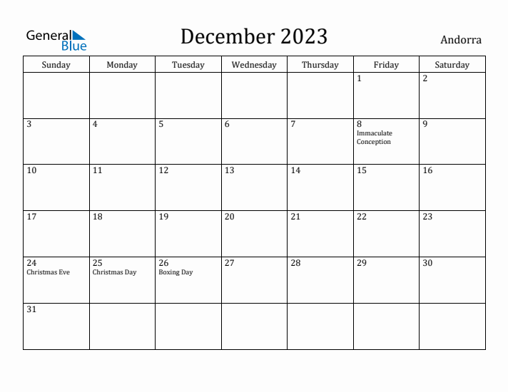 December 2023 Calendar Andorra