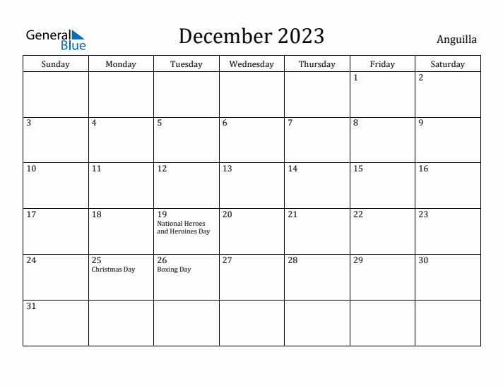 December 2023 Calendar Anguilla