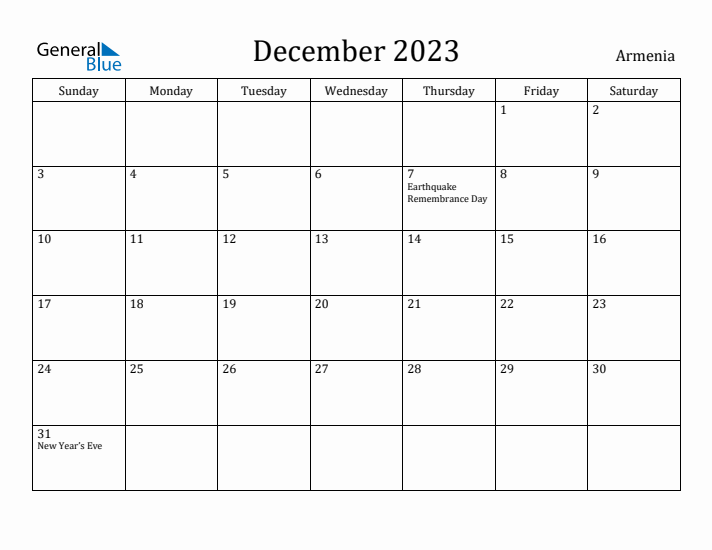 December 2023 Calendar Armenia