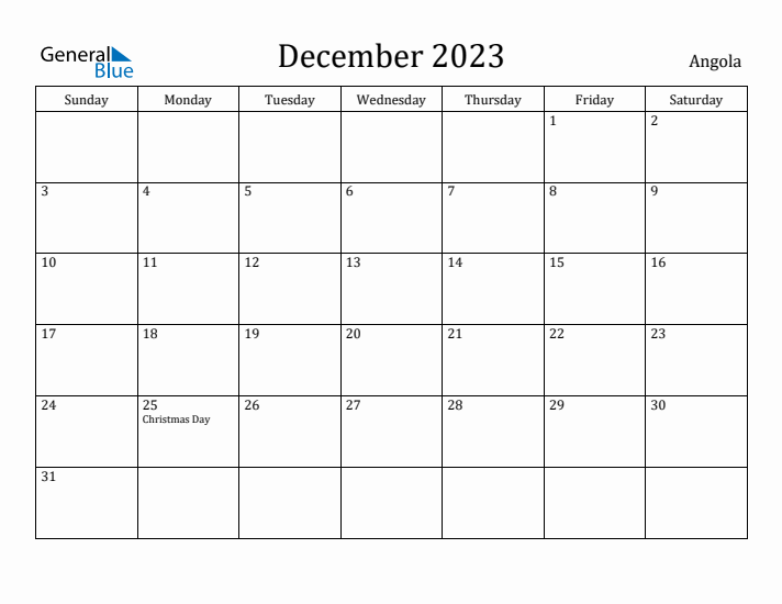 December 2023 Calendar Angola