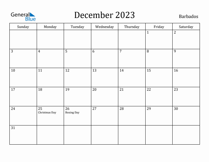 December 2023 Calendar Barbados