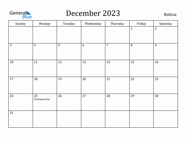 December 2023 Calendar Bolivia