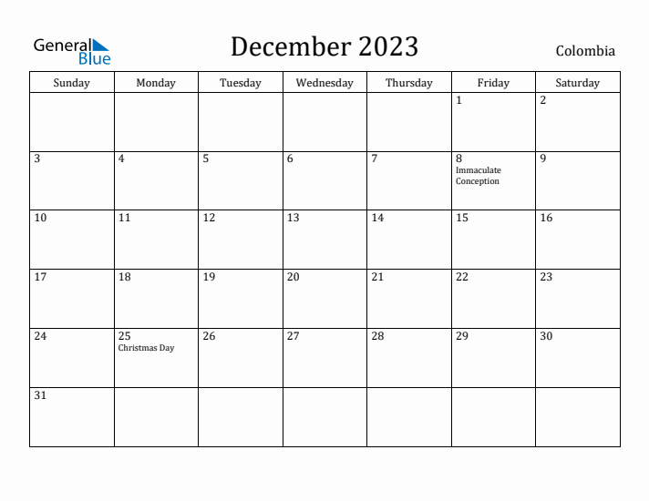 December 2023 Calendar Colombia