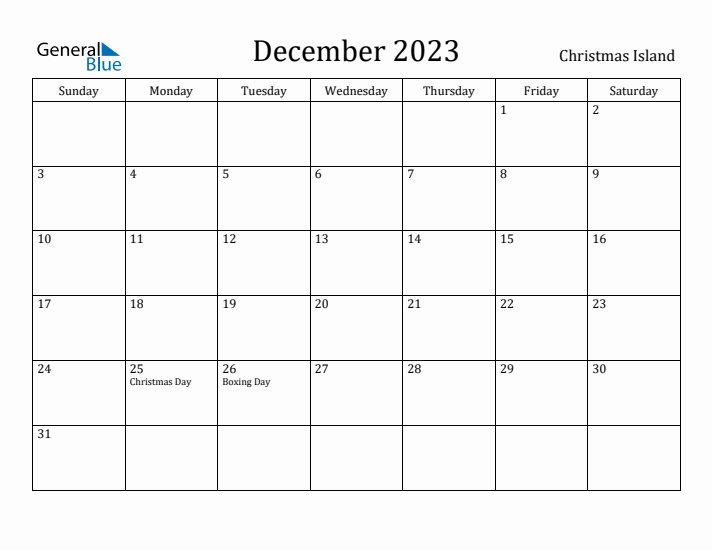 December 2023 Calendar Christmas Island