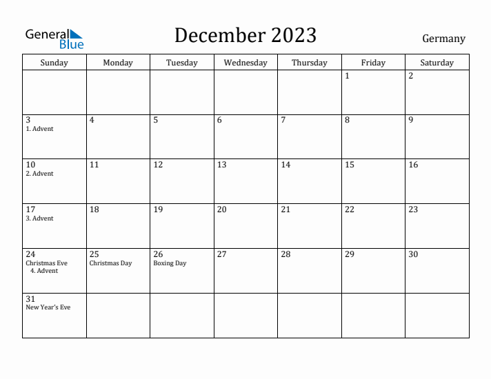 December 2023 Calendar Germany