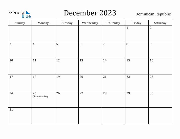 December 2023 Calendar Dominican Republic