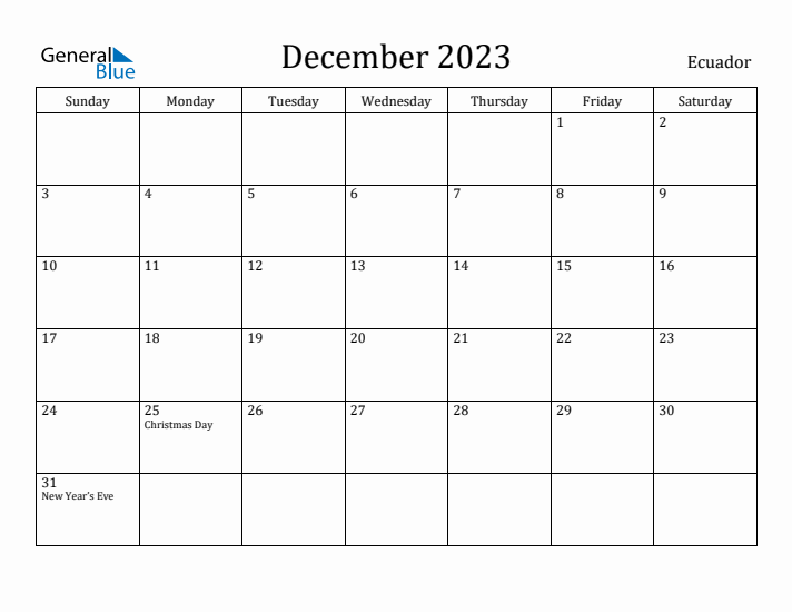 December 2023 Calendar Ecuador