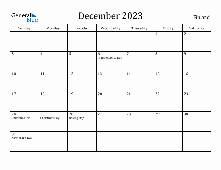 December 2023 Calendar Finland