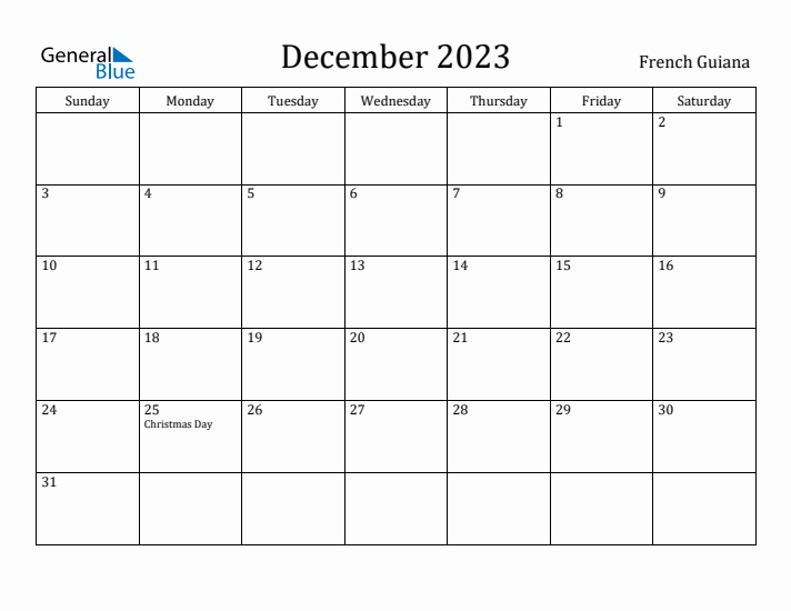 December 2023 Calendar French Guiana