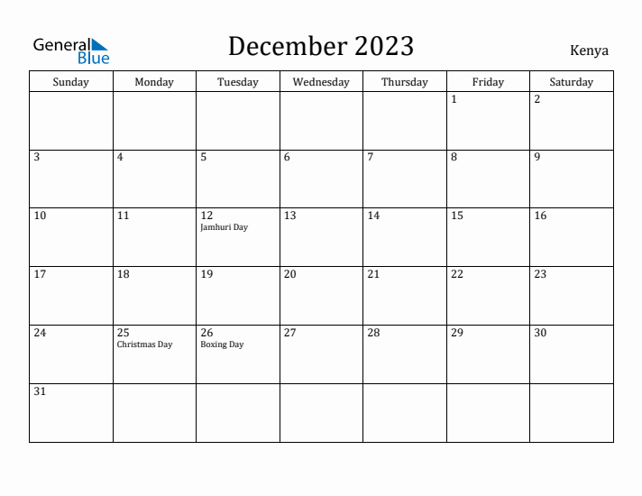 December 2023 Calendar Kenya