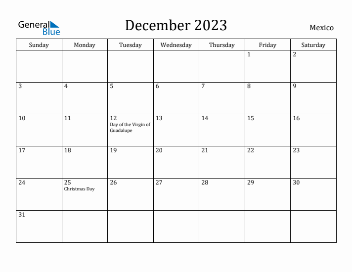 December 2023 Calendar Mexico