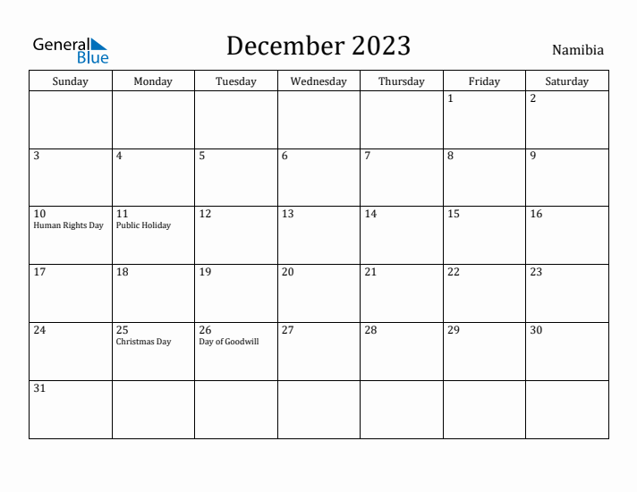 December 2023 Calendar Namibia