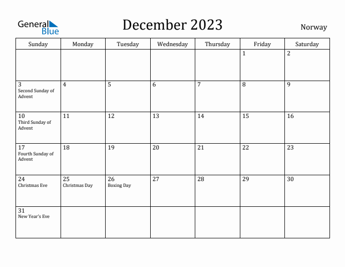 December 2023 Calendar Norway