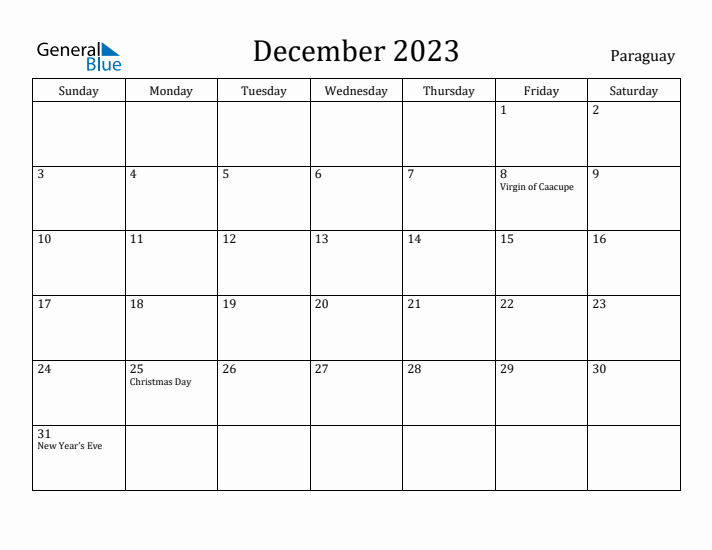 December 2023 Calendar Paraguay