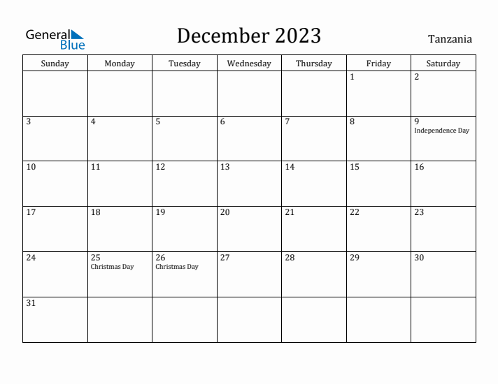 December 2023 Calendar Tanzania