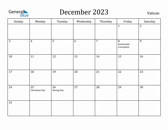 December 2023 Calendar Vatican