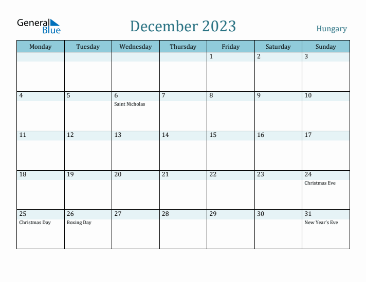 December 2023 Calendar with Holidays