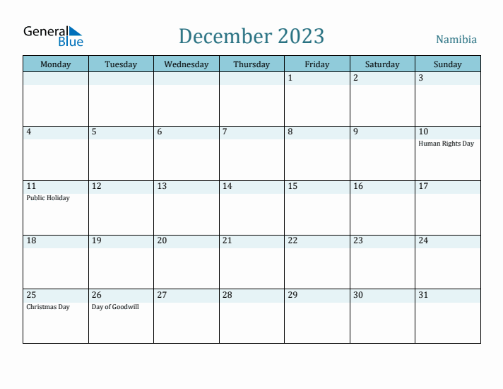 December 2023 Calendar with Holidays