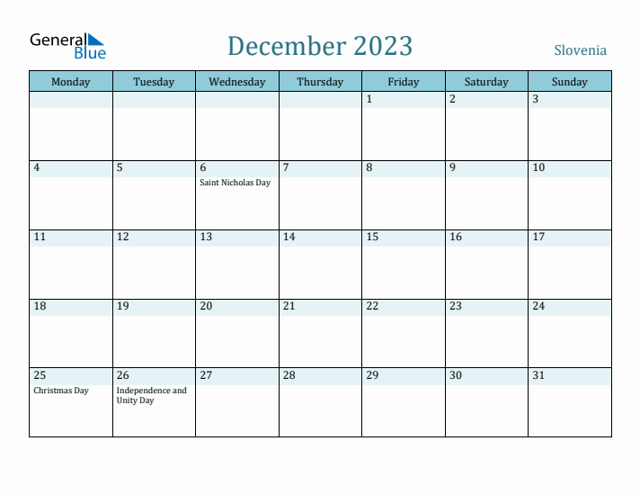 December 2023 Calendar with Holidays