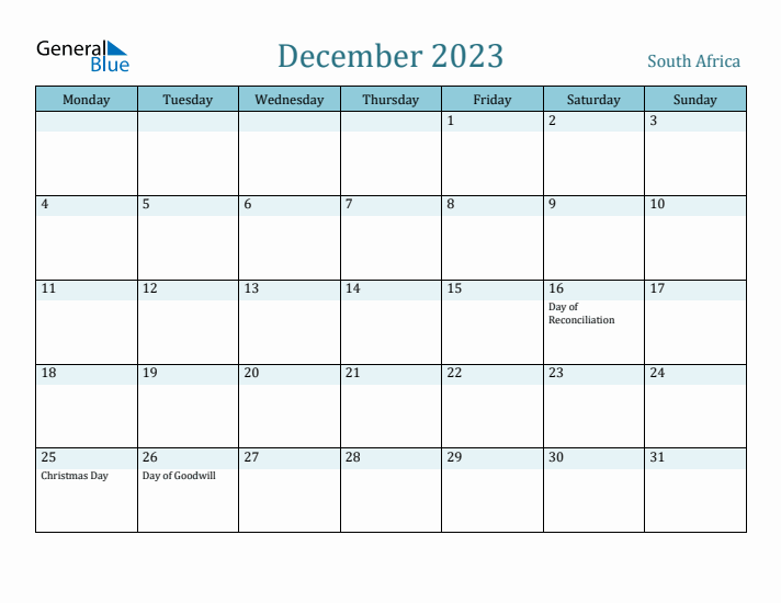 December 2023 Calendar with Holidays