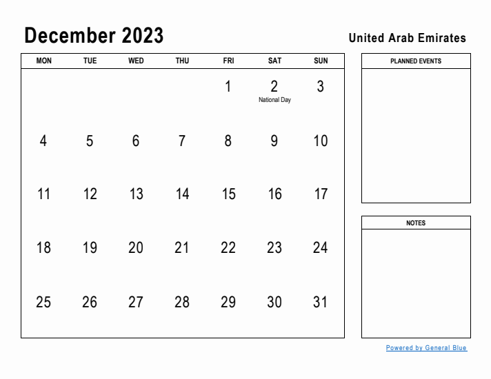 December 2023 Printable Monthly Calendar with United Arab Emirates Holidays