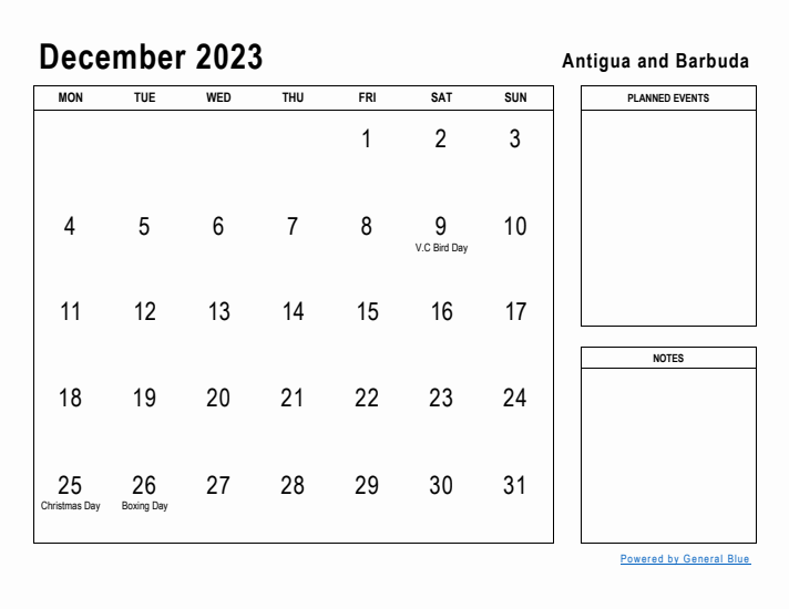 December 2023 Printable Monthly Calendar with Antigua and Barbuda Holidays