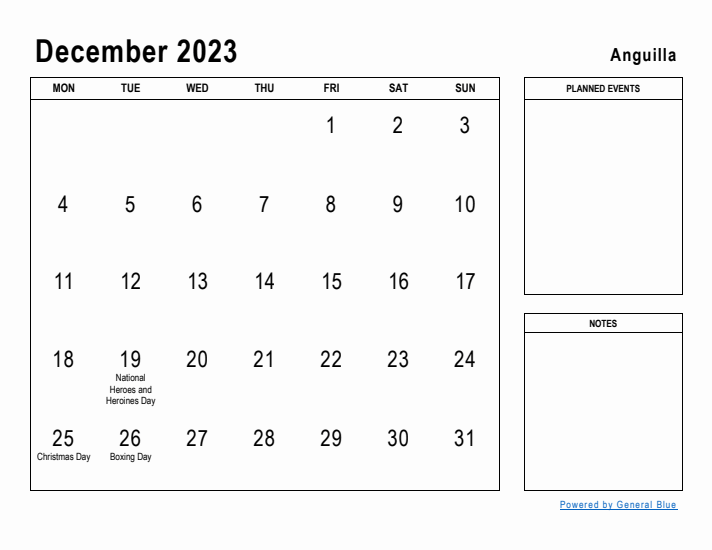 December 2023 Printable Monthly Calendar with Anguilla Holidays