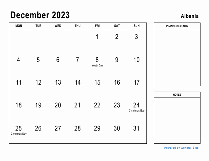 December 2023 Printable Monthly Calendar with Albania Holidays