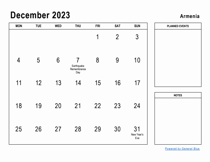 December 2023 Printable Monthly Calendar with Armenia Holidays