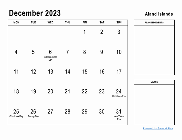 December 2023 Printable Monthly Calendar with Aland Islands Holidays