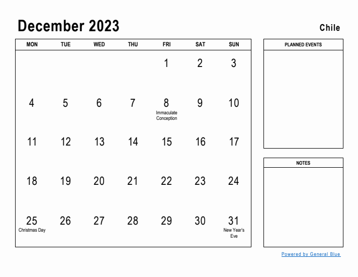 December 2023 Printable Monthly Calendar with Chile Holidays