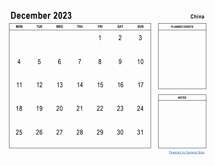 December 2023 Printable Monthly Calendar with China Holidays