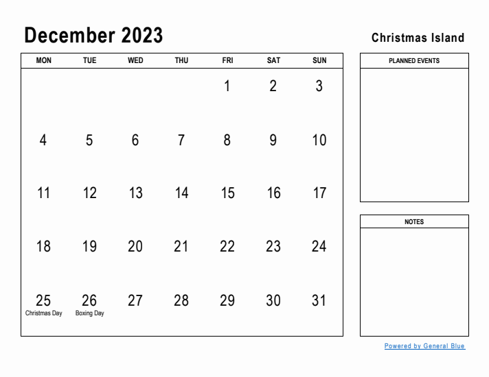 December 2023 Printable Monthly Calendar with Christmas Island Holidays