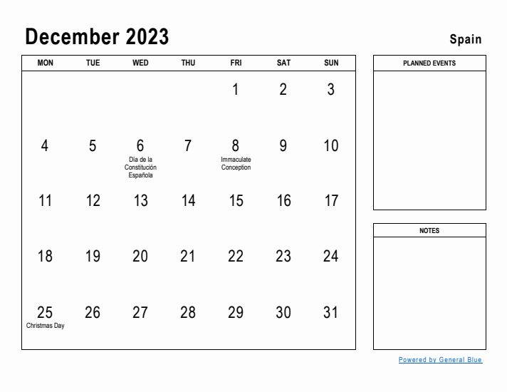 December 2023 Printable Monthly Calendar with Spain Holidays