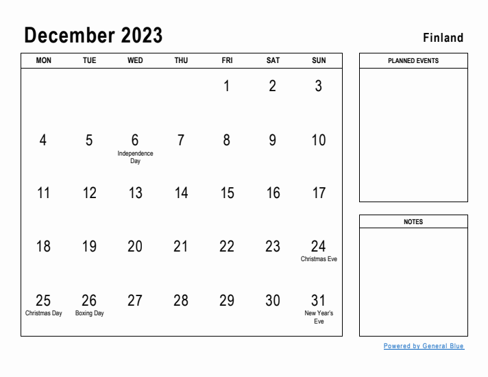 December 2023 Printable Monthly Calendar with Finland Holidays