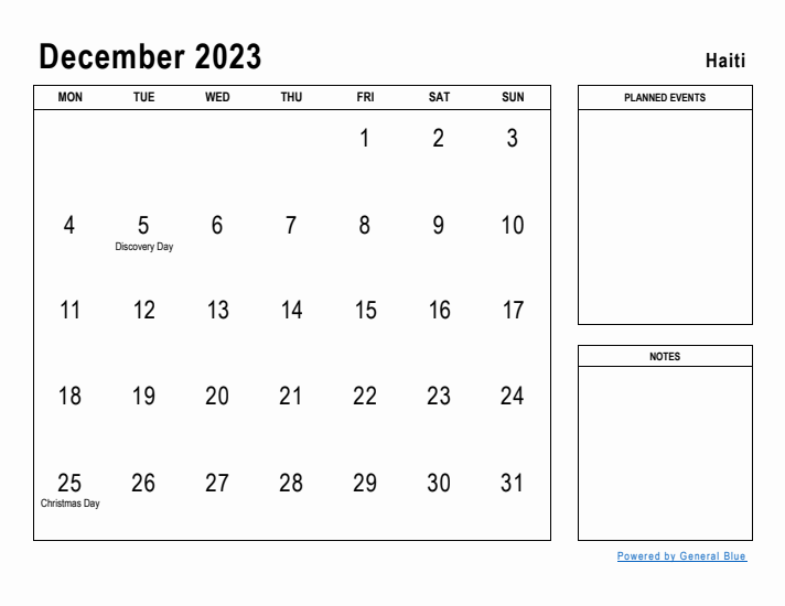 December 2023 Printable Monthly Calendar with Haiti Holidays