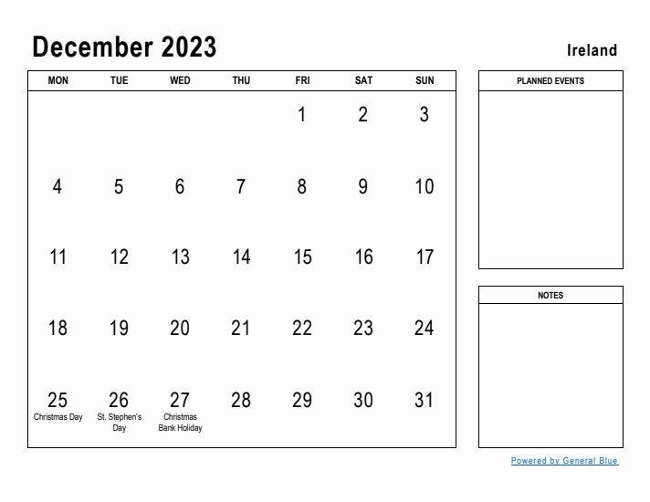 December 2023 Printable Monthly Calendar with Ireland Holidays