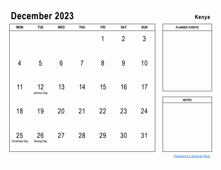 December 2023 Printable Monthly Calendar with Kenya Holidays