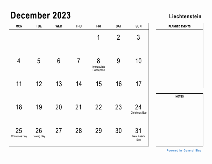 December 2023 Printable Monthly Calendar with Liechtenstein Holidays