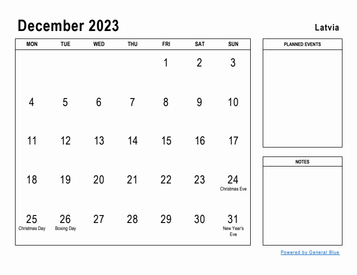 December 2023 Printable Monthly Calendar with Latvia Holidays