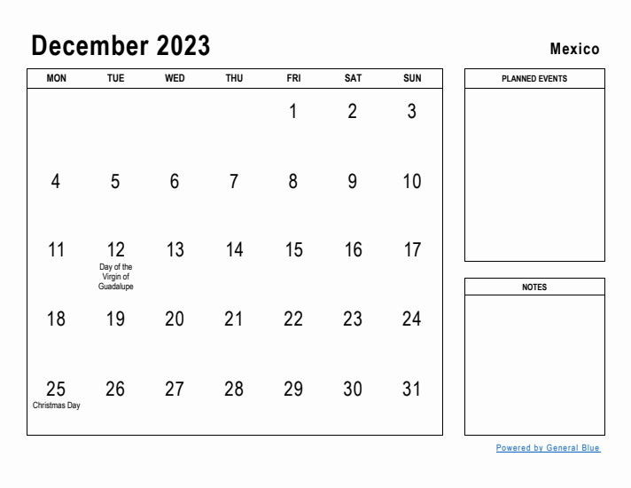 December 2023 Printable Monthly Calendar with Mexico Holidays