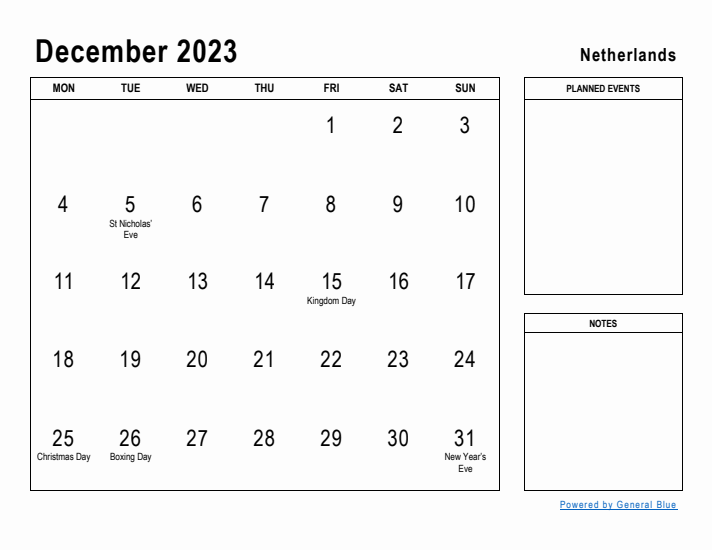 December 2023 Printable Monthly Calendar with The Netherlands Holidays