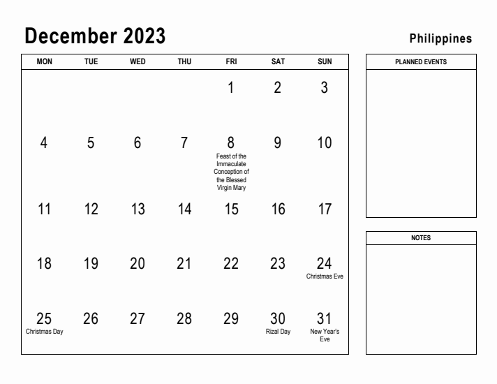 December 2023 Printable Monthly Calendar with Philippines Holidays