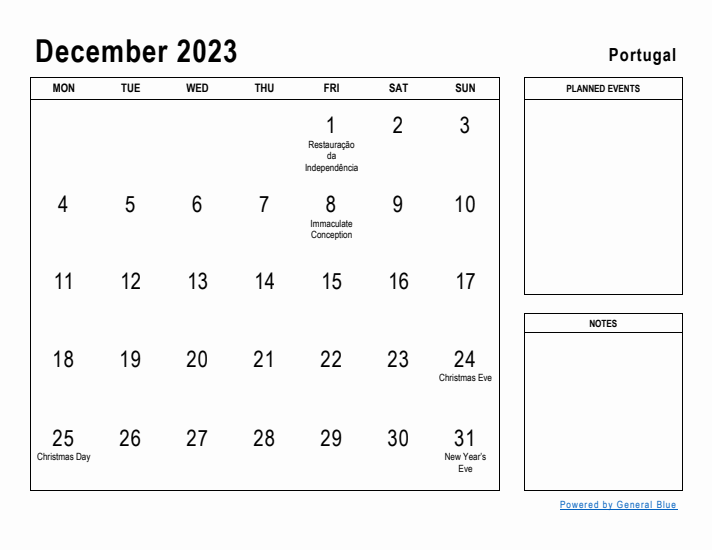 December 2023 Printable Monthly Calendar with Portugal Holidays