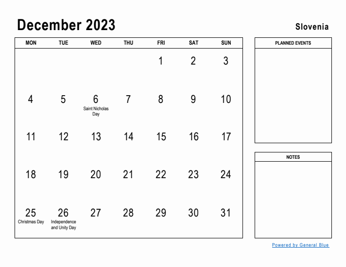 December 2023 Printable Monthly Calendar with Slovenia Holidays