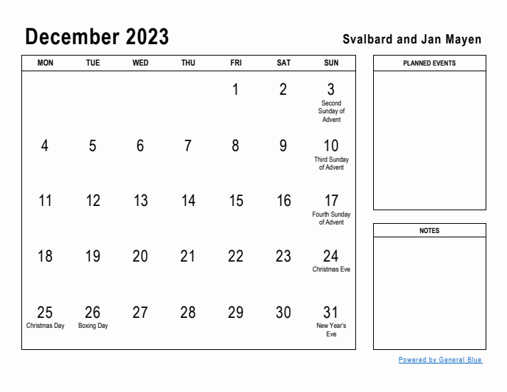 December 2023 Printable Monthly Calendar with Svalbard and Jan Mayen Holidays